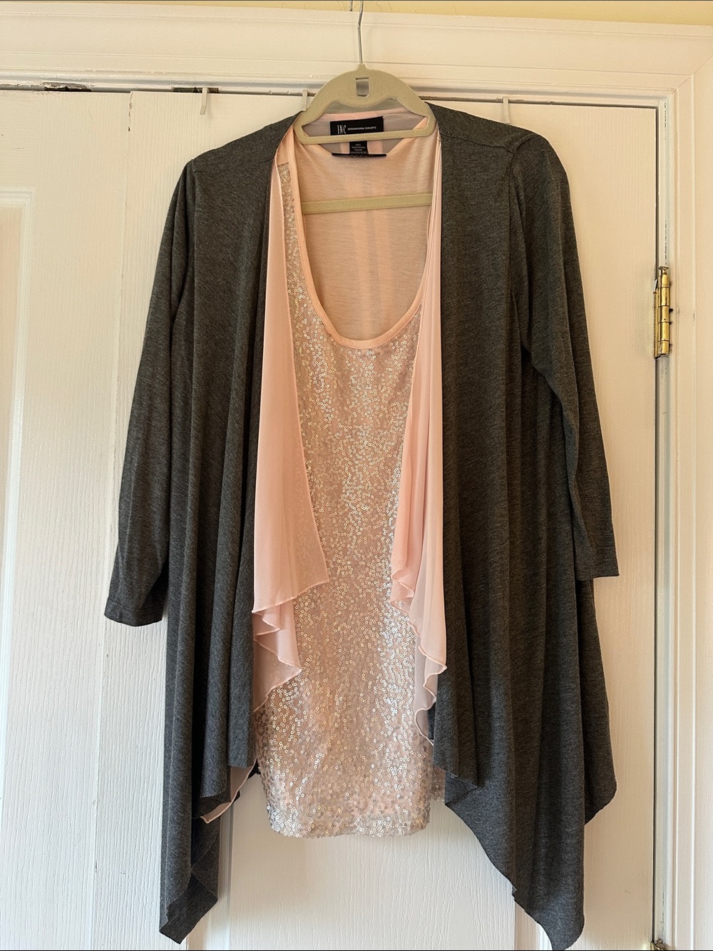 INC International Concepts Gray Draped Cardigan with Blush Pink Sequin Tank
